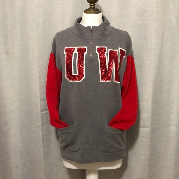 VS PINK-University Line 1/4 Zip Sweatshirt-Gray/Red-Sz xs-EUC-Bling - Picture 2 of 14